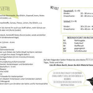 May include: A detailed shopping list in German, with measurements in centimeters, for sewing projects. Includes fabric types, notions, and abbreviations. A raven illustration is at the bottom right.