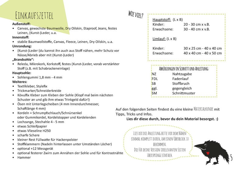 May include: A detailed shopping list in German, with measurements in centimeters, for sewing projects. Includes fabric types, notions, and abbreviations. A raven illustration is at the bottom right.