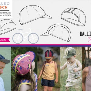 May include: A sewing pattern for a bike cap, with the title "DALLIDALLI Bike Cap" and the text "KU 46-64". The pattern is shown in black and white line drawings, with five different views of the cap. The pattern is for sizes 46 to 64 centimeters.