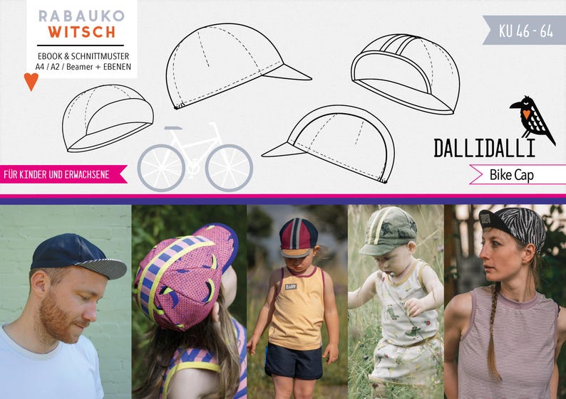 May include: A sewing pattern for a bike cap, with the title "DALLIDALLI Bike Cap" and the text "KU 46-64". The pattern is shown in black and white line drawings, with five different views of the cap. The pattern is for sizes 46 to 64 centimeters.