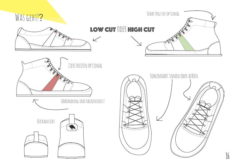 May include: Line drawings of sneakers and high-top shoes with text in German. The image shows different views of the shoes, including the front, side, and top. Text includes "LOW CUT ODER HIGH CUT" and "WAS GEHT!?"