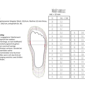 May include: A detailed chart with measurements for shoe sizes, featuring a foot outline and a table with sizes in millimeters and centimeters. The chart includes instructions and a size conversion guide.