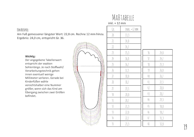 May include: A detailed chart with measurements for shoe sizes, featuring a foot outline and a table with sizes in millimeters and centimeters. The chart includes instructions and a size conversion guide.