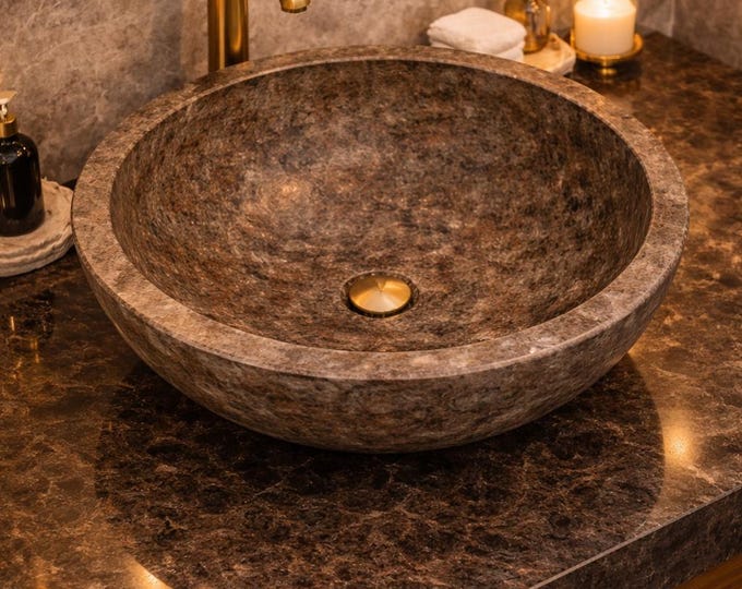 Handmade Natural Stone Vessel Sink – Round Marble Bathroom Wash Basin
