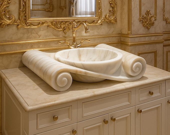 White Marble Sink ,Luxury Scroll Design Vanity Basin for Elegant Villa Bathroom Decor, Handcrafted