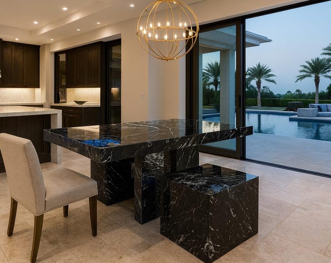 Handmade Black Marble Dining Table Set – Modern Natural Stone, Cube Stool