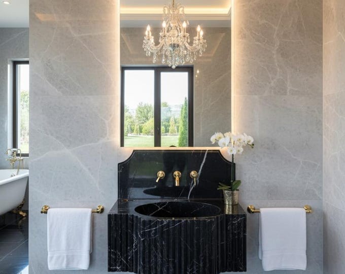 Black Marble Wall Sink: Modern Fluted Vanity Basin, Luxury sink