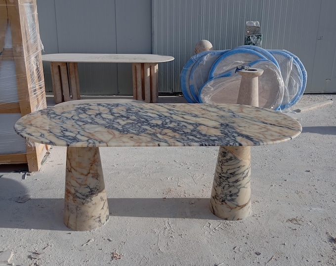 Luxury Oval Marble Dining Table, Beige Stone with Purple Veins, Handmade