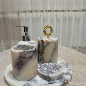 natural calacatta viola marble,5 piece Bathroom Set,Luxury Bathroom Accessories,Soap Dish,Toothbrush Holder,Stylish Spa Decor,Home GiftWomen