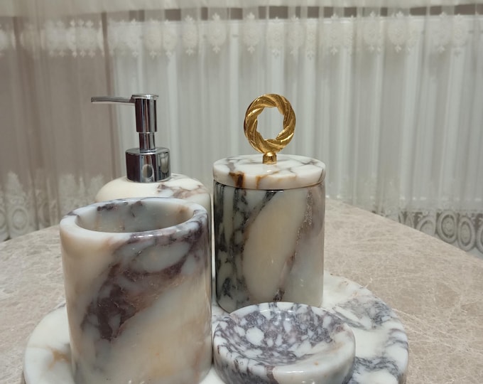natural calacatta viola marble,5 piece Bathroom Set,Luxury Bathroom Accessories,Soap Dish,Toothbrush Holder,Stylish Spa Decor,Home GiftWomen