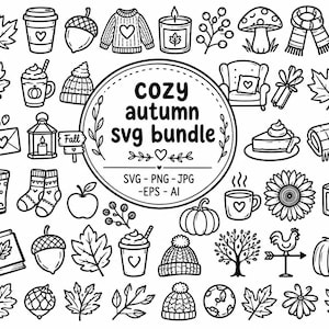 Puede incluir: Una colección de iconos de arte lineal en blanco y negro con temas otoñales como calabazas, hojas, tazas, suéteres y gorros. Una insignia circular central muestra el texto cozy autumn SVG bundle con los formatos de archivo SVG, PNG, JPG, EPS y AI.