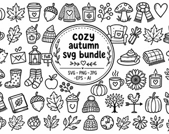 Cozy Autumn SVG Bundle: Fall Autumn Clipart, Pumpkin Leaves PNG, Digital Download