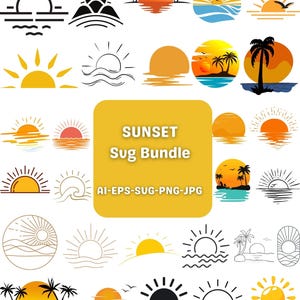 Puede incluir: Una colección de diseños gráficos con temática de atardecer en varios estilos. Los diseños incluyen soles, olas, palmeras y siluetas de islas. El texto "SUNSET Sug Bundle" se muestra sobre un fondo amarillo, con información del tipo de archivo.