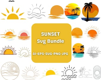 Retro Sunset SVG Bundle: Palm Tree Beach Scene Clipart