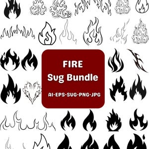 Puede incluir: Una colección de ilustraciones de fuego en blanco y negro en varios estilos. La imagen incluye un cuadrado rojo con el texto "FIRE Sug Bundle" e información sobre el tipo de archivo. Las llamas varían desde contornos simples hasta diseños sólidos y detallados.