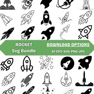 May include: A collection of rocket ship illustrations in various styles, including solid black silhouettes and detailed line drawings. The image includes the text "ROCKET Sug Bundle" and "DOWNLOAD OPTIONS AI-EPS-SVG-PNG-JPG".