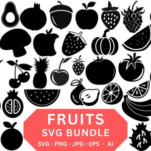Puede incluir: Paquete SVG en blanco y negro con varias frutas, incluyendo manzanas, fresas y plátanos. La imagen incluye el texto "FRUITS SVG BUNDLE" en una pancarta roja, con información sobre el tipo de archivo debajo.