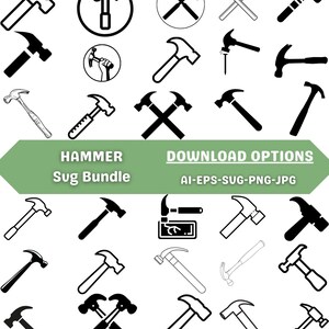 Puede incluir: Una colección de ilustraciones de martillos en varios estilos, incluyendo versiones en negro sólido y delineadas. La imagen incluye el texto "HAMMER Sug Bundle" y "DOWNLOAD OPTIONS AI-EPS-SUG-PNG-JPG".