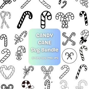 Puede incluir: Una colección de ilustraciones en blanco y negro de bastones de caramelo con varios diseños, incluyendo rayas, lazos y formas de corazón. La imagen incluye el texto "CANDY CANE Sug Bundle".