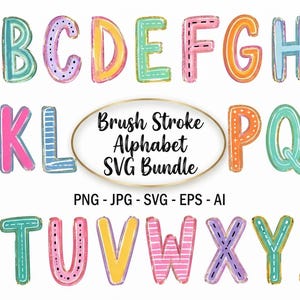 Ensemble de fichiers SVG Alphabet effet pinceau : lettres de l'alphabet dessinées au pinceau (PNG), clipart style preppy, fichiers de découpe pour Cricut, téléchargement numérique