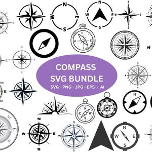 May include: A collection of black and white compass designs in various styles. The image includes compass roses, directional arrows, and circular compasses, with the text "COMPASS SVG BUNDLE".