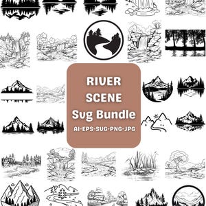 May include: A collection of black and white river scene illustrations. The images include mountains, waterfalls, trees, and river landscapes. The text "RIVER SCENE Sug Bundle" is displayed on a brown background, with file type information below.