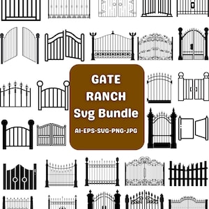 Pode incluir: Uma coleção de designs de portões em preto e branco em vários estilos, incluindo arcos, estacas e ferro forjado ornamentado. A imagem inclui o texto "GATE RANCH Sug Bundle" e informações do tipo de arquivo.