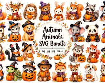 Fall Animals SVG Bundle: Fall Animals Clipart, Watercolor Animals PNG, Pumpkin Leaves, Digital Download