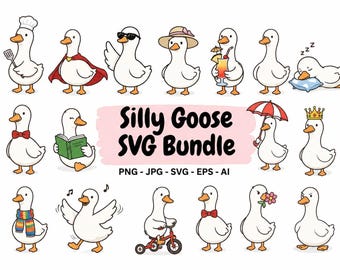 Silly Goose SVG-bundel: Grappige gans-clipart, snijbestanden voor Cricut, digitale download