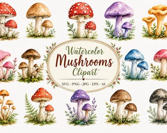 Watercolor Mushrooms SVG Bundle: Fall Autumn Clipart, Forest Mushrooms PNG Bundle, Digital Download