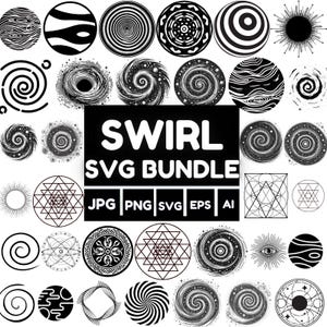 Puede incluir: Una colección de diseños de remolinos en blanco y negro, que incluyen espirales, círculos concéntricos y formas geométricas. El texto "SWIRL SVG BUNDLE" se muestra junto con iconos de tipos de archivo.