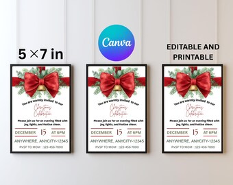 Elegant Christmas Party Invitation, Greenery Bow (Printable PDF)