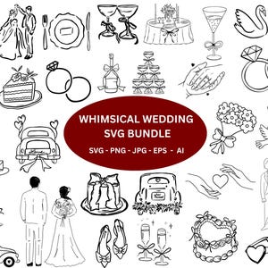May include: A black and white line art SVG bundle with wedding-themed illustrations. The image includes drawings of a bride and groom, wedding rings, cake, champagne glasses, and a vintage car.