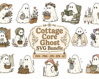 Cottage Core Ghost SVG Bundle: Halloween Clipart, Vintage Autumn PNG Bundle, Digital Download