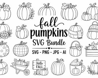 Herfstpompoen SVG-bundel: Pompoenlijnkunst, handgetekende pompoenen en ranken, herfstclipart, digitale download
