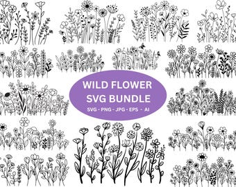 Wildflower SVG Bundle: Botanical Flower Sketch Clipart (Digital Download)