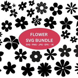 Op de afbeelding: Een verzameling zwarte bloemontwerpen in verschillende vormen en maten. De afbeelding bevat een rode ovaal met de tekst "FLOWER SVG BUNDLE" en bestandsinfo.