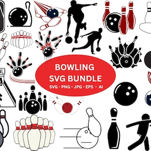 May include: A collection of bowling-themed SVG graphics in black, white, and red. The designs include bowling pins, bowling balls, and silhouettes of bowlers in action. Text on a red oval reads "BOWLING SVG BUNDLE".