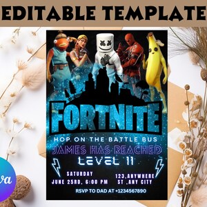 Convite de aniversário do jogo Fort Editável Convite de aniversário para download CANVA Modelo de festa de aniversário Cartão de aniversário de videogame Gamer Festa de jogador