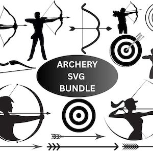 Op de afbeelding: Een set zwarte en witte SVG-bestanden voor boogschieten. De set bevat afbeeldingen van boogschutters, bogen, pijlen en doelwitten. De tekst "ARCHERY SVG BUNDLE" wordt in het midden van de afbeelding weergegeven.