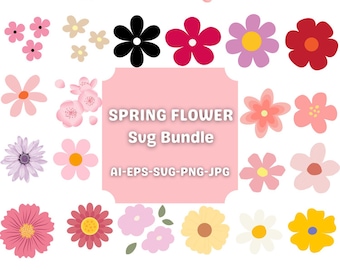 May include: A collection of colorful, stylized flower illustrations in various shapes and colors, including pink, orange, yellow, and blue. The image includes the text "SPRING FLOWER Sug Bundle".
