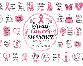 SVG-bundel voor borstkankerbewustzijn: kankerclipart, SVG-bestand voor kankerbewustzijn, silhouet van een roze lint, digitale download
