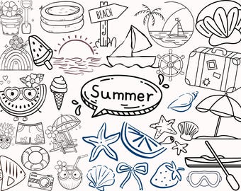 Pacchetto SVG costiero estivo: atmosfere da spiaggia, scarabocchi disegnati a mano (download digitale)