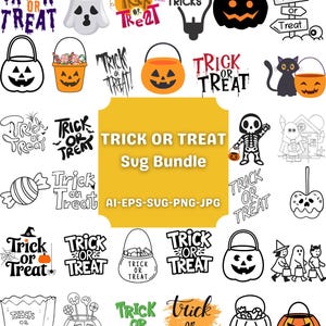 Puede incluir: Una colección de gráficos y elementos de texto con temática de Halloween. Incluye calabazas, cubos de caramelos, fantasmas y las palabras "Trick or Treat" en varias fuentes. La imagen central dice "Trick or Treat Sug Bundle".