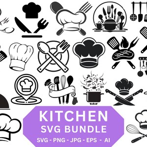 Może przedstawiać: Zbiór czarno-białych grafik SVG o tematyce kuchennej. Obrazy obejmują czapki kucharskie, przybory kuchenne, garnki, patelnie i ilustracje jedzenia. Tekst "KITCHEN SVG BUNDLE" jest wyświetlany na fioletowym banerze.