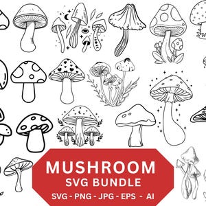 May include: A collection of black and white mushroom illustrations. The image features diverse mushroom designs, including those with dotted caps, heart patterns, and detailed gills. A red banner at the bottom displays "MUSHROOM SVG BUNDLE".