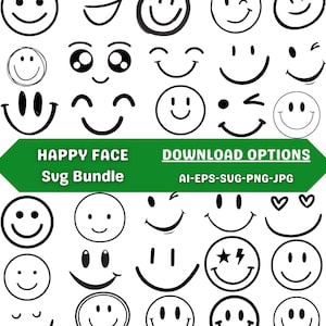 May include: A collection of black and white smiley face designs with various expressions. The image includes the text "HAPPY FACE Sug Bundle" and "DOWNLOAD OPTIONS AI-EPS-SUG-PNG-JPG".