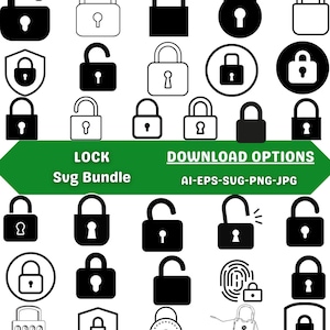 May include: A collection of black and white padlock illustrations in various styles. Some padlocks are open, some closed, and some are within circles or shields. The image includes the text "LOCK Sug Bundle" and "DOWNLOAD OPTIONS AI-EPS-SVG-PNG-JPG".