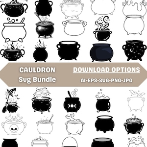 Puede incluir: Una colección de diseños de calderos en blanco y negro. La imagen incluye varias ilustraciones de calderos con vapor, estrellas y otros elementos decorativos. El texto dice "CAULDRON Sug Bundle" y "DOWNLOAD OPTIONS AI-EPS-SVG-PNG-JPG".