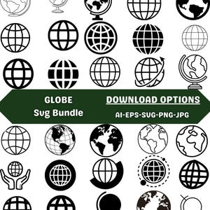 Może przedstawiać: Kolekcja ilustracji globusów w różnych stylach, w tym projekty konturowe i wypełnione. Obraz zawiera tekst "GLOBE Sug Bundle" i "DOWNLOAD OPTIONS AI-EPS-SVG-PNG-JPG". Globusy są w kolorze czarno-białym.
